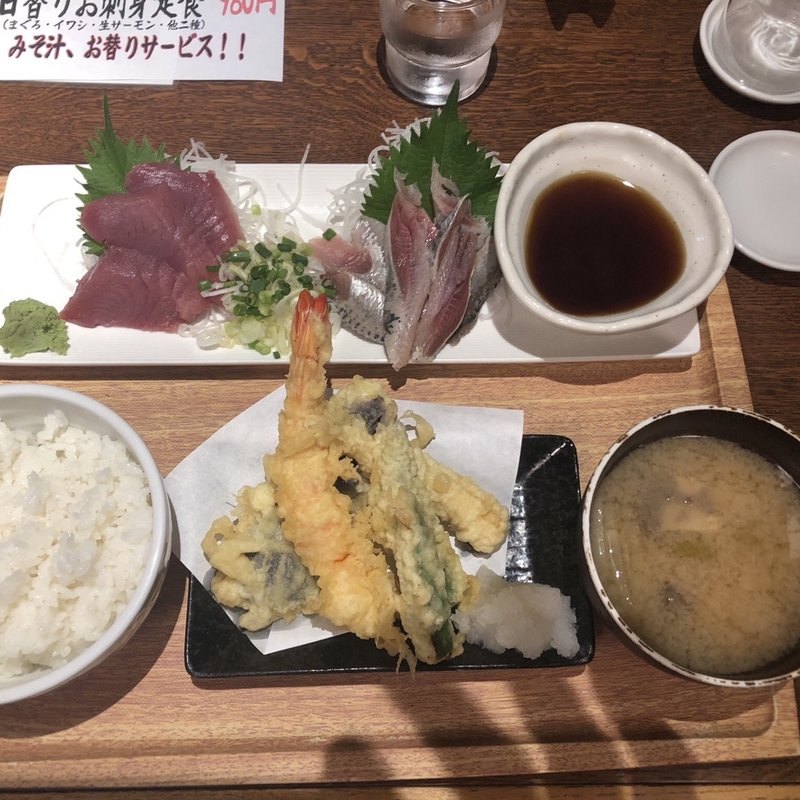 お刺身二種盛と天ぷら定食(魚豊　人形町店)