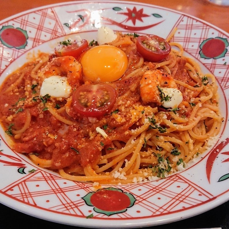 海老とモッツァレラチーズのカルボナーラチリトマトソース(洋麺屋五右衛門 港北店)