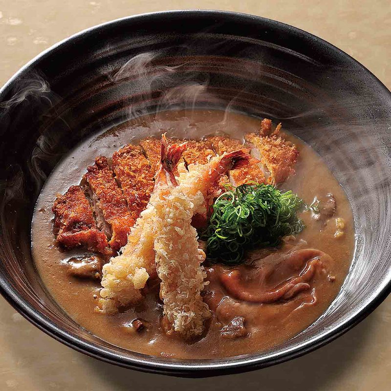 海老天扶良、しゃぶ肉、かつ カレー三昧のおうどん(麺匠の心つくし つるとんたん 宗右衛門町店)
