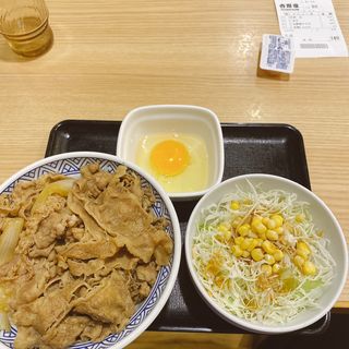 牛丼大盛り、生卵、野菜サラダ746(吉野家 甲州街道府中白糸台店)
