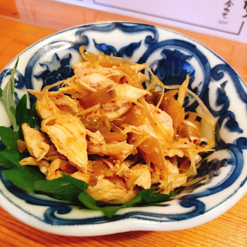 鶏ささみとザーサイの中華炒め(立ち呑みスタンド ヨッコイショ)