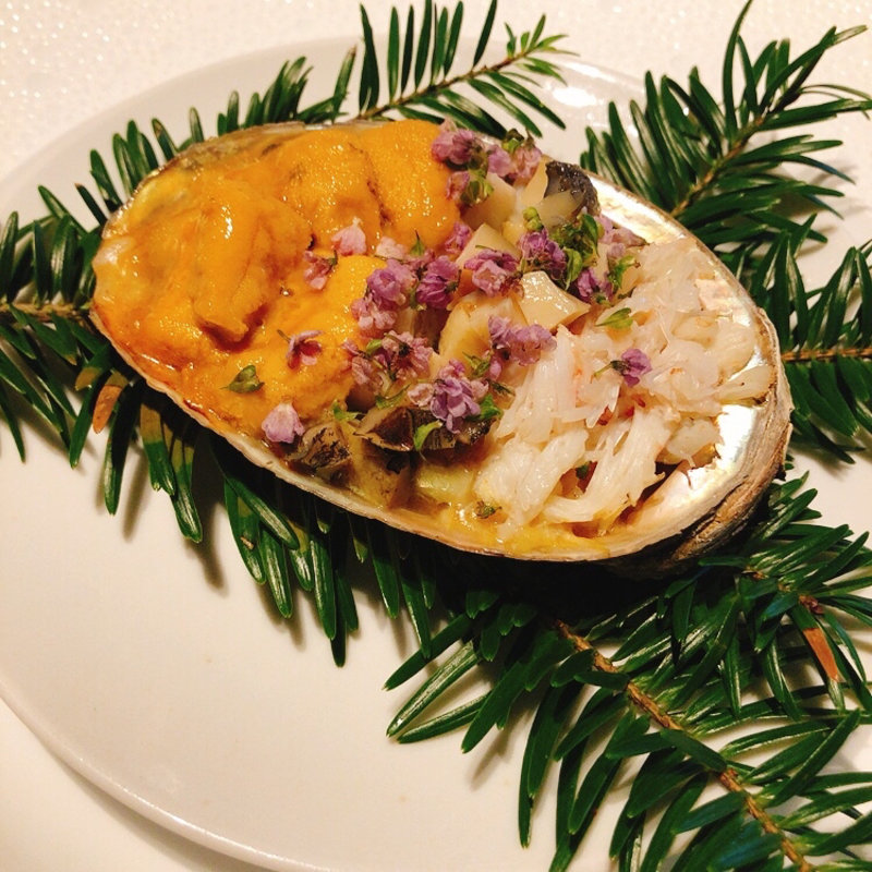 雲丹 毛蟹 鮑 ササニシキのリゾット  (レフェルヴェソンス)