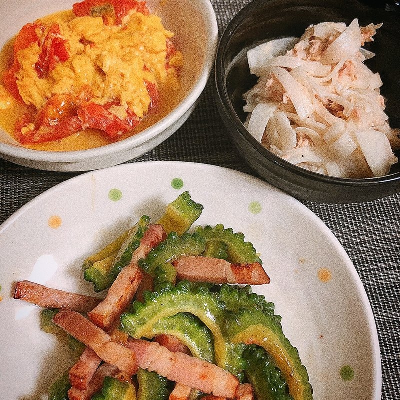 ゴーヤチャンプルー トマトの玉子炒め 大根サラダ(すえ☆pi亭)