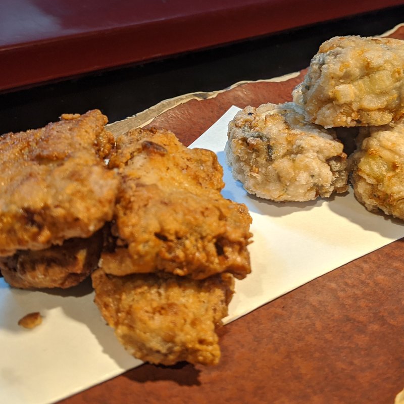 サバ梅肉つみれ揚げ、河豚竜田揚げ(おれんち)