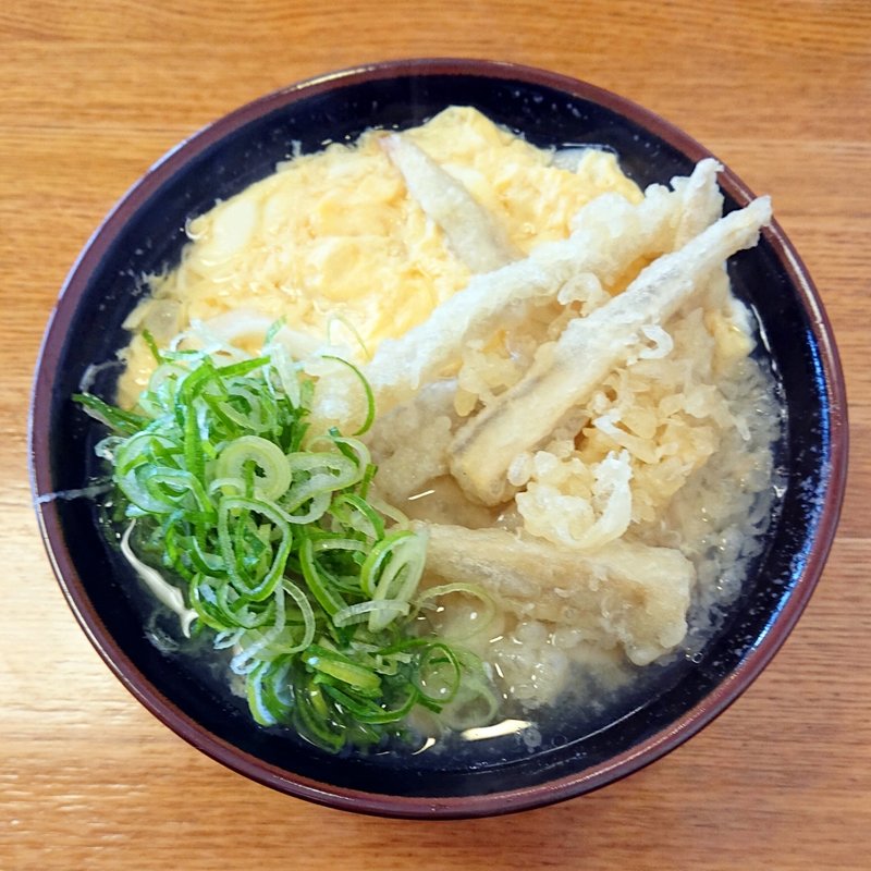 卵とじうどん ごぼう天トッピング(長住うどん)