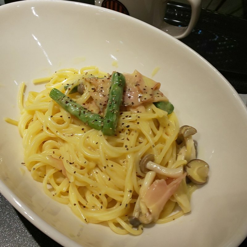 パスタセット(ホットコーヒー、ベーコンとアスパラの豆乳カルボナーラ)、タリーズカード値引きあり(タリーズコーヒー 大名古屋ビルヂング店)
