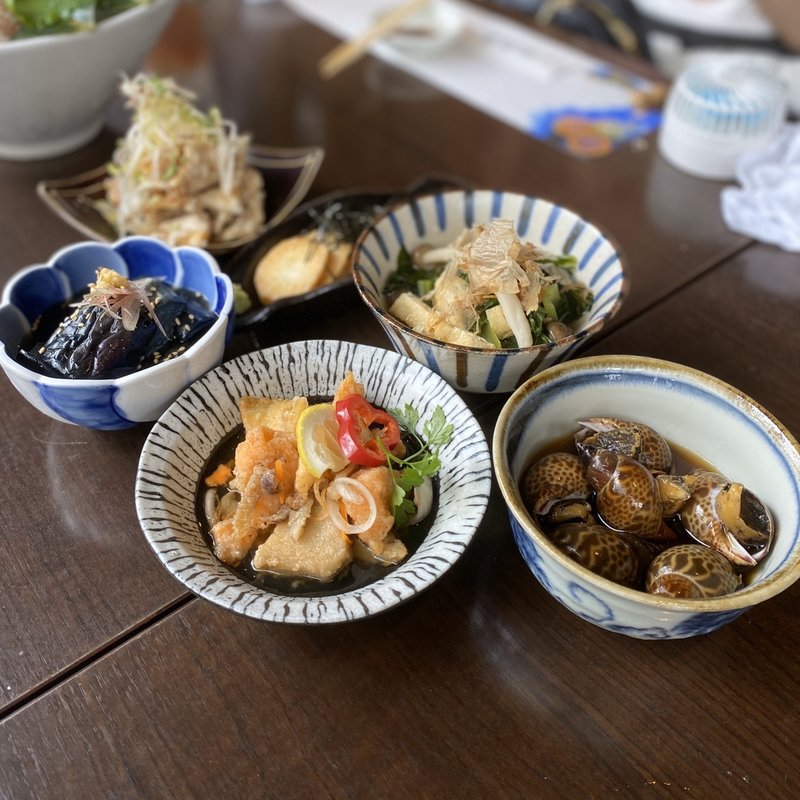 おばんざい5種(ナスの揚げ浸し、つるむらさきと小松菜のお浸し、ばい貝の旨煮、魚介の南蛮漬け、長芋の醤油漬け、鶏皮せんべいおろしポン酢)(鉢屋 （はちや）)