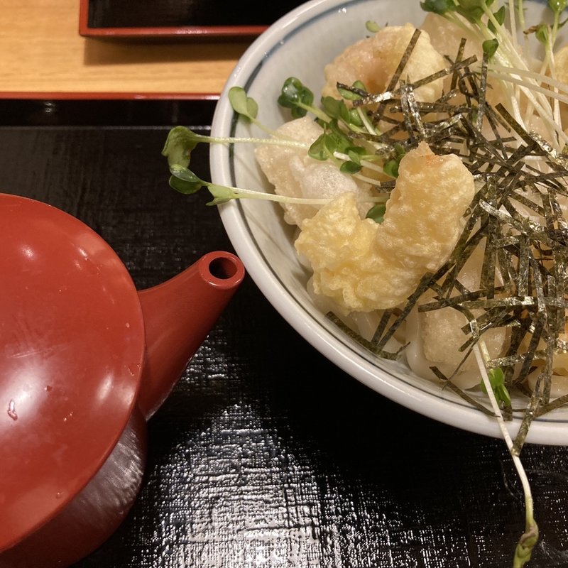 海老と揚げ餅ぶっかけうどん(つくもうどん)