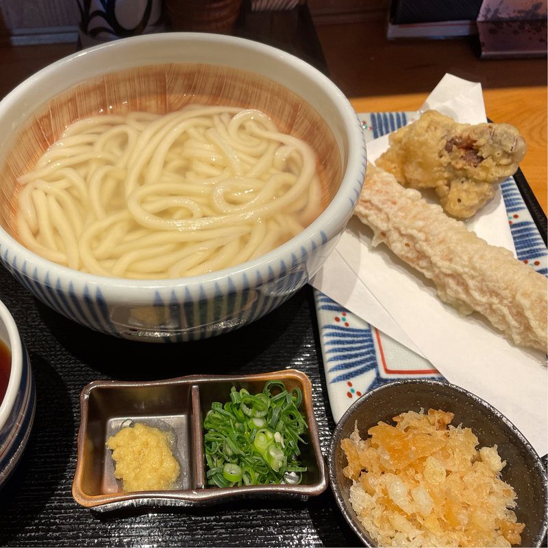釜揚げうどん(温)ちく天、かしわ天トッピング(釜あげ饂飩 唐庵)