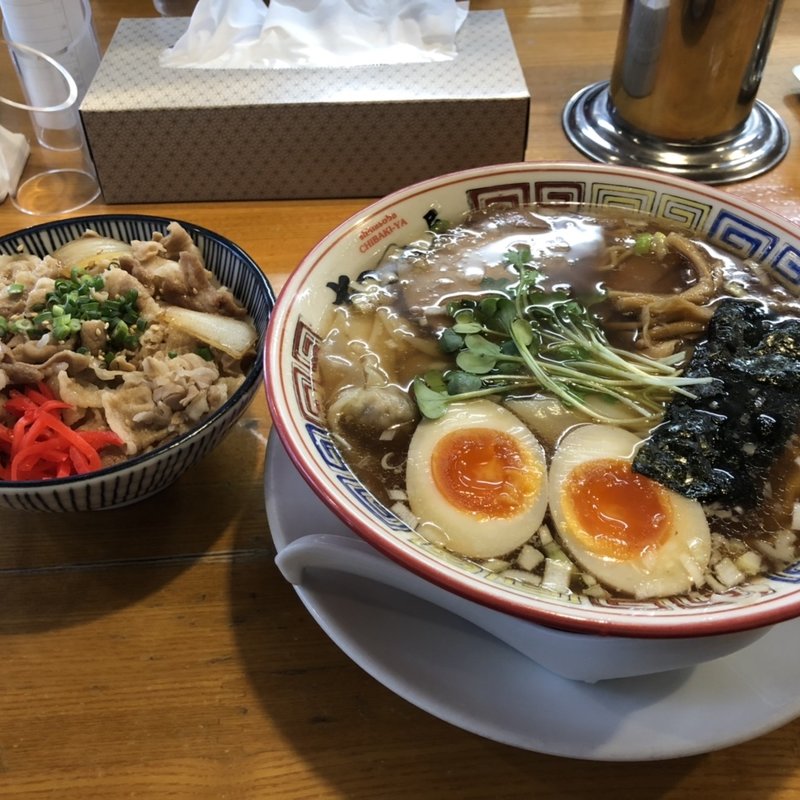 ワンタンそば　煮卵　豚飯セット(ちばき屋)