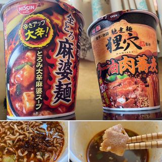 ラー油肉蕎麦＋全とろ麻婆麺(自宅)