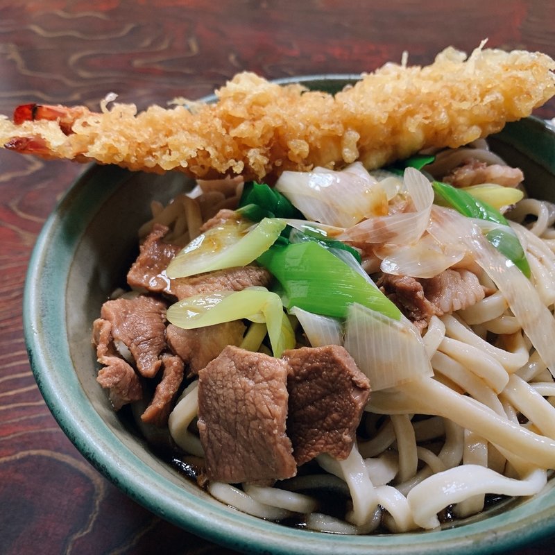 冷やし肉そば、海老天(角萬 梅田)