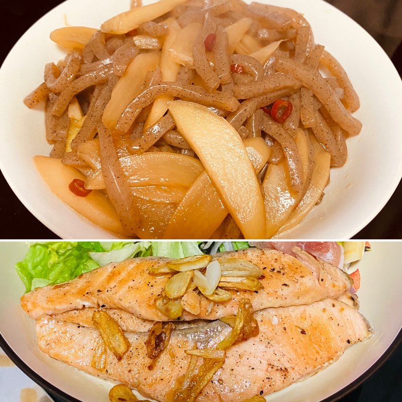 ウドこんにゃくキンピラ&サーモン焼(自宅)