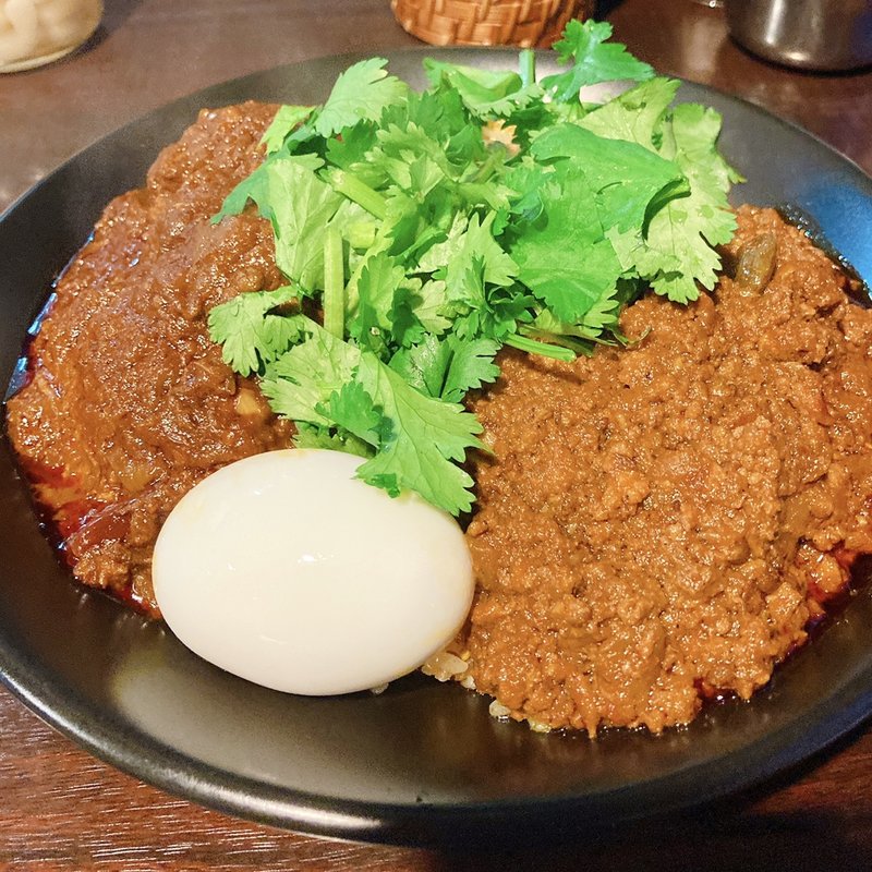 カレーチャーハンとポークビンダルーのハーフ&ハーフ（トッピング:半熟玉子・パクチー）(カレバカ世紀)