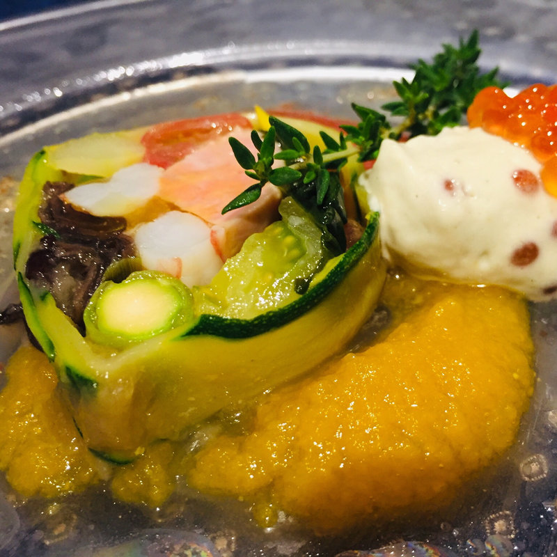 たか海老と野菜のジュレ寄せテリーヌw白茄子ムース(フランス厨房 旬彩 中央駅店 )