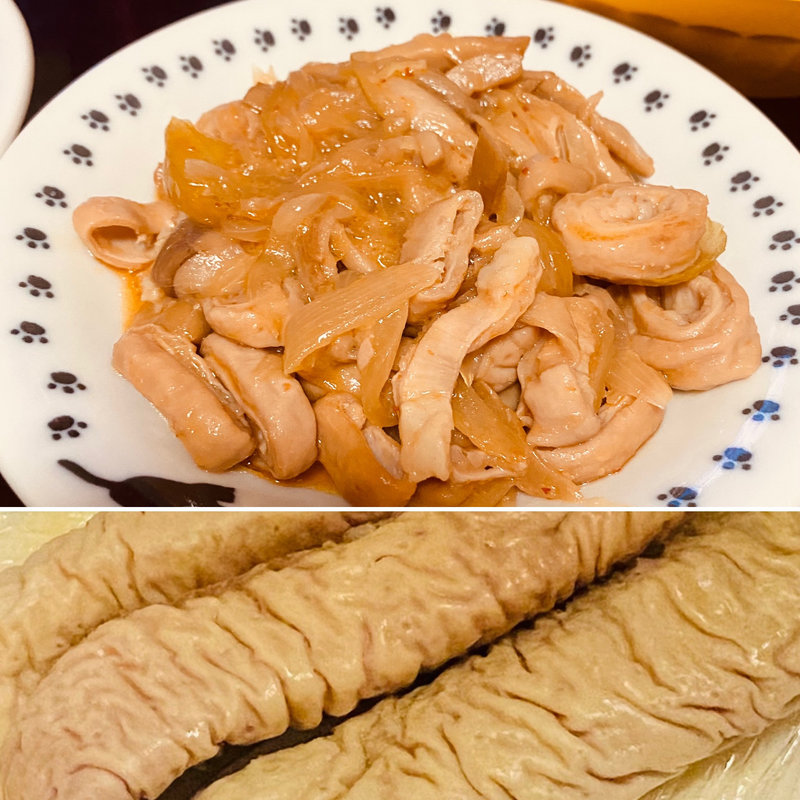 豚腸ボイルの辛味噌炒め(自宅)