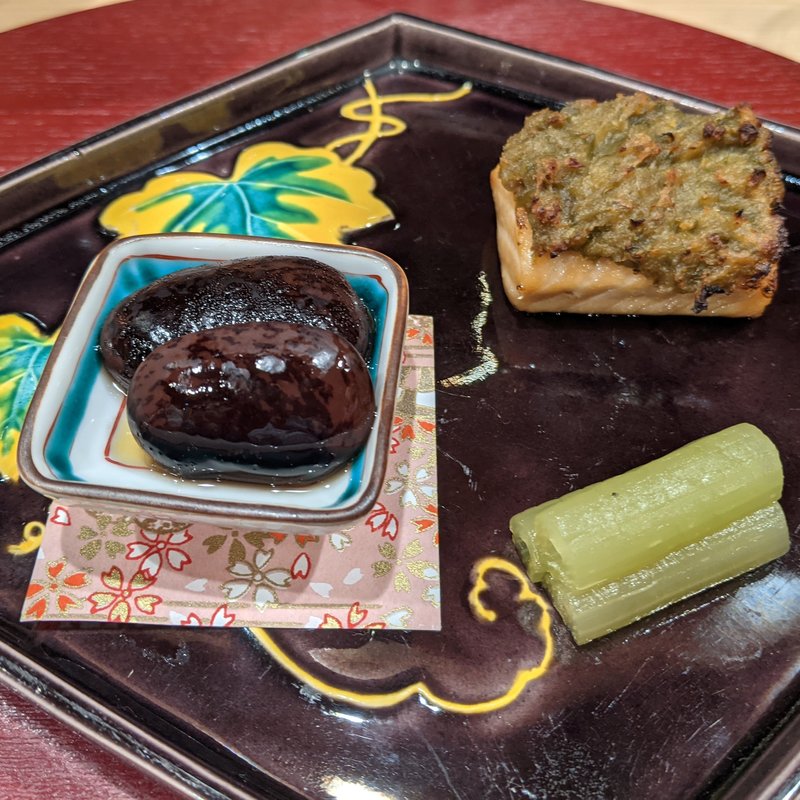 サクラマス蕗味噌焼き、蕗、花豆甘露煮(旬恵庵 あら垣)