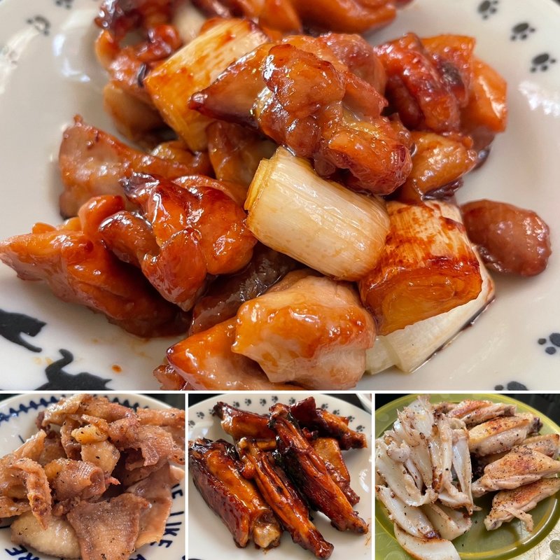 焼き鳥屋風(鶏皮、鶏もも、スペアリブ、ヤゲン)(自宅)