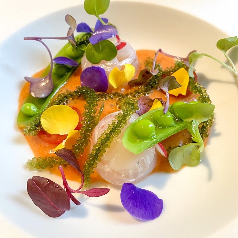 徳島産スズキとホタテ、トマトのガスパチョ(レストラン・ピウ)