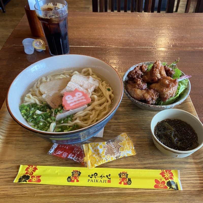 沖縄そば定食　もずく、唐揚げ(沖縄の台所　ぱいかじ)