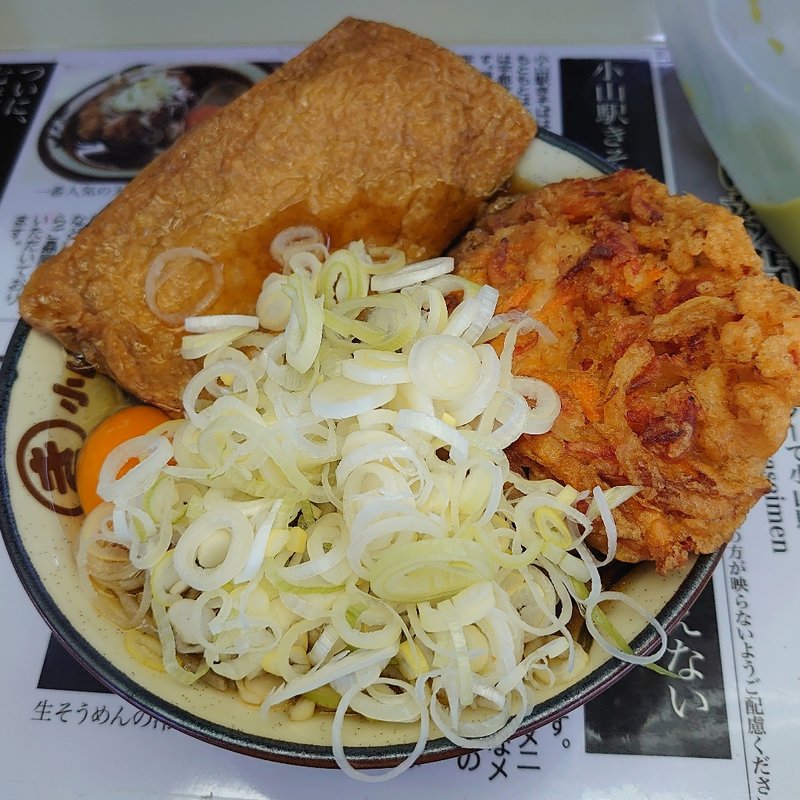 冷たい天ぷらそば＋卵＋きつね＋ねぎだく(きそば 宇都宮線ホーム )