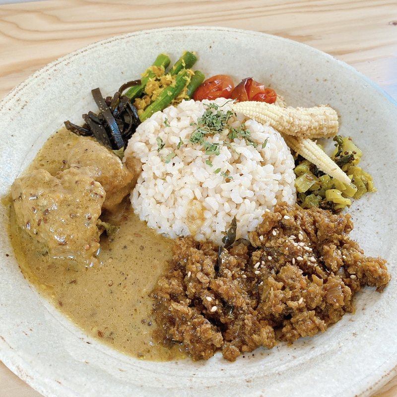 玄米カレー 副菜5種付き あいがけ（チキンカレー・ゴボウキーマカレー）(本と玄米カレー ヨスカ)