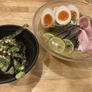 炙り〆さば冷やし塩そば+煮玉子+〆のわさび飯(福島壱麺 （イチメン）)