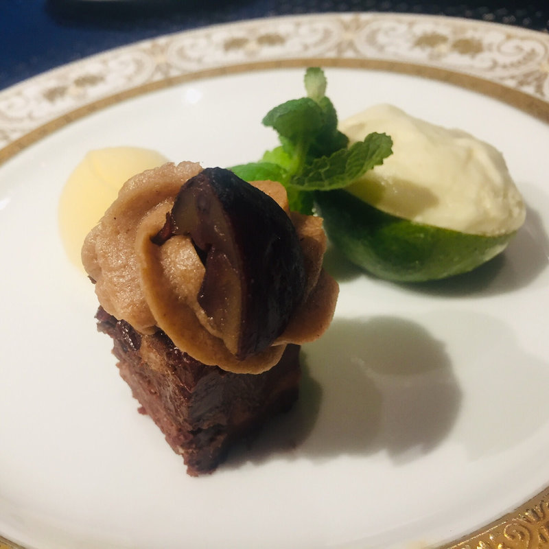 栗渋皮煮のケーキ,辺塚だいだいのムース,メロンのソルベ(フランス厨房 旬彩 中央駅店 )