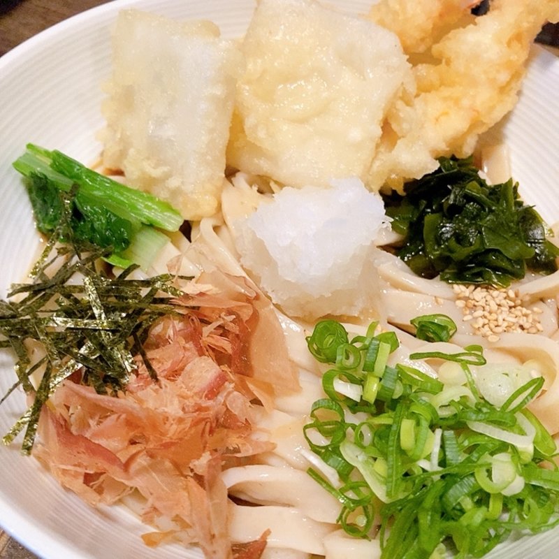 海老天ぶっかけ（冷）＋揚げ餅天(わだち草 )