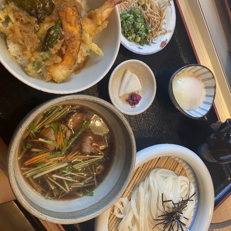 鴨ざるうどん(とり天ぶっかけと鴨釜うどん 麺匠 やしま)