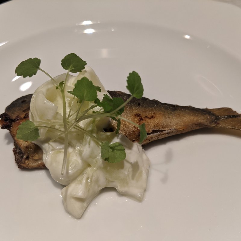 徳島県産スダチ鮎の炭火焼　ネズの実の香り　加賀太胡瓜のインサラータ(Regalo)