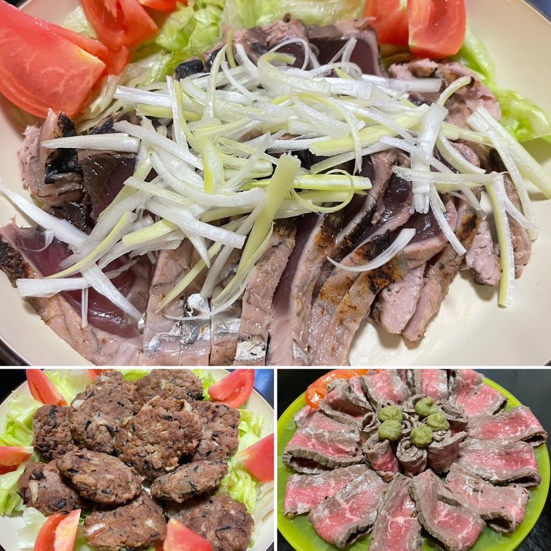 カツオのたたき&ローストビーフ&おからひじき照り焼きハンバーグ(自宅)