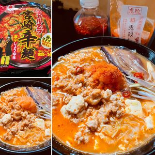 麻婆豆腐&素揚げナスラーメン(チャルメラ宮崎辛麺)(自宅)