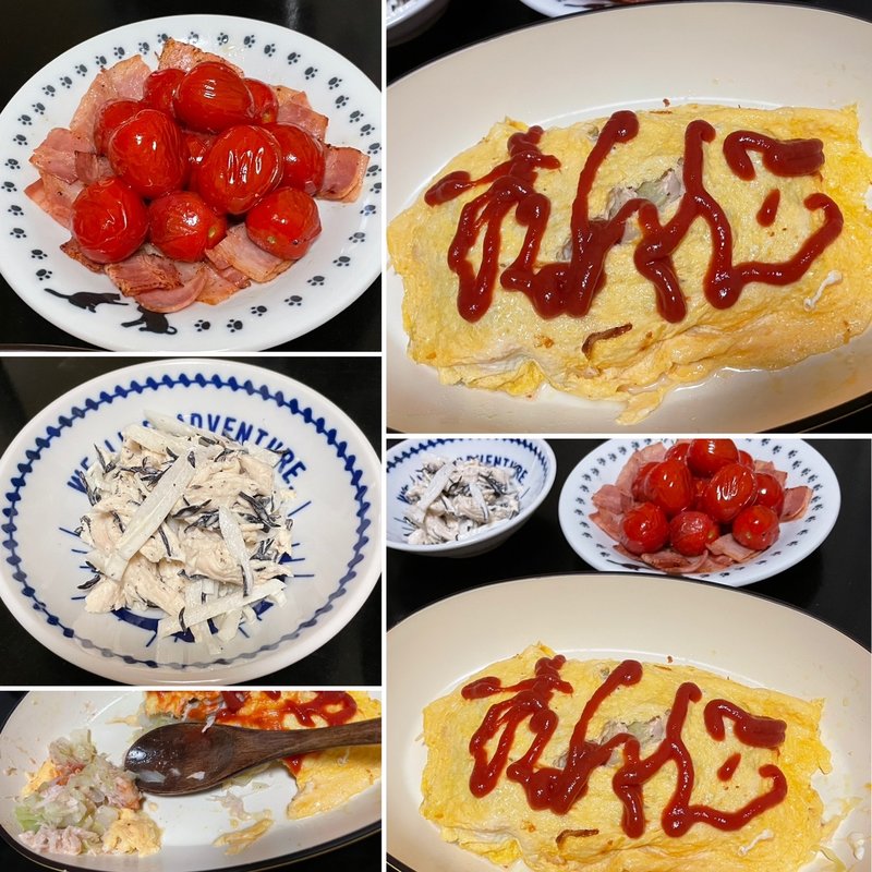 オムキャベ&大根ひじきのサラダ&トマトベーコン炒め(自宅)