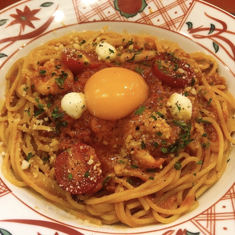 海老とモッツァレラチーズのカルボナーラチリトマトソース(洋麺屋五右衛門 堺高島屋店)