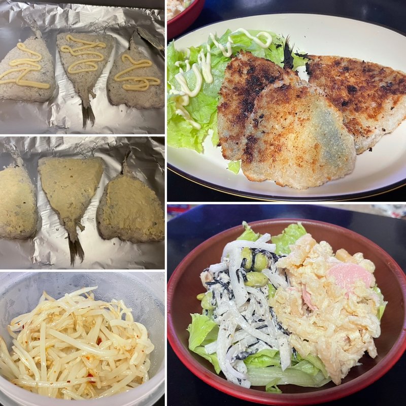 マヨアジフライ＋サラダ2種(自宅)