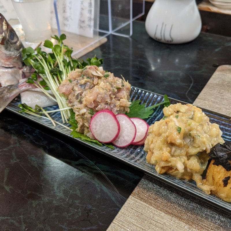 焼き茄子なめろう、あじのなめろう(ささめ)