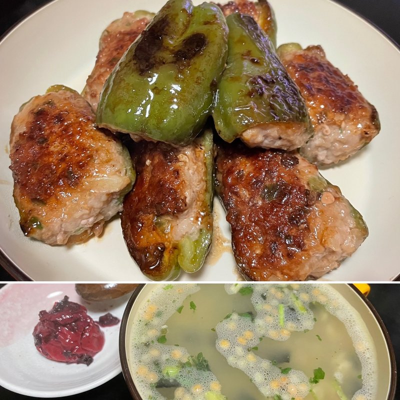 ピーマン肉詰め＋オートミール茶漬け(自宅)