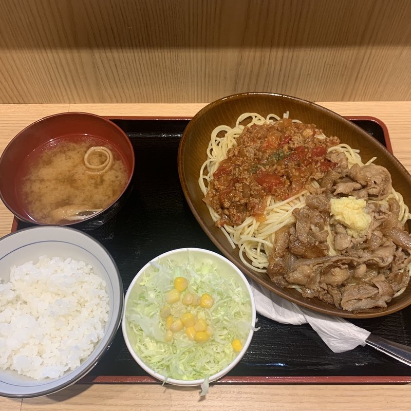 生姜焼き＆ミートソース合い盛スパゲティ(笑姜や)