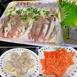 ぶり、サーモン刺し&焼売(自宅)