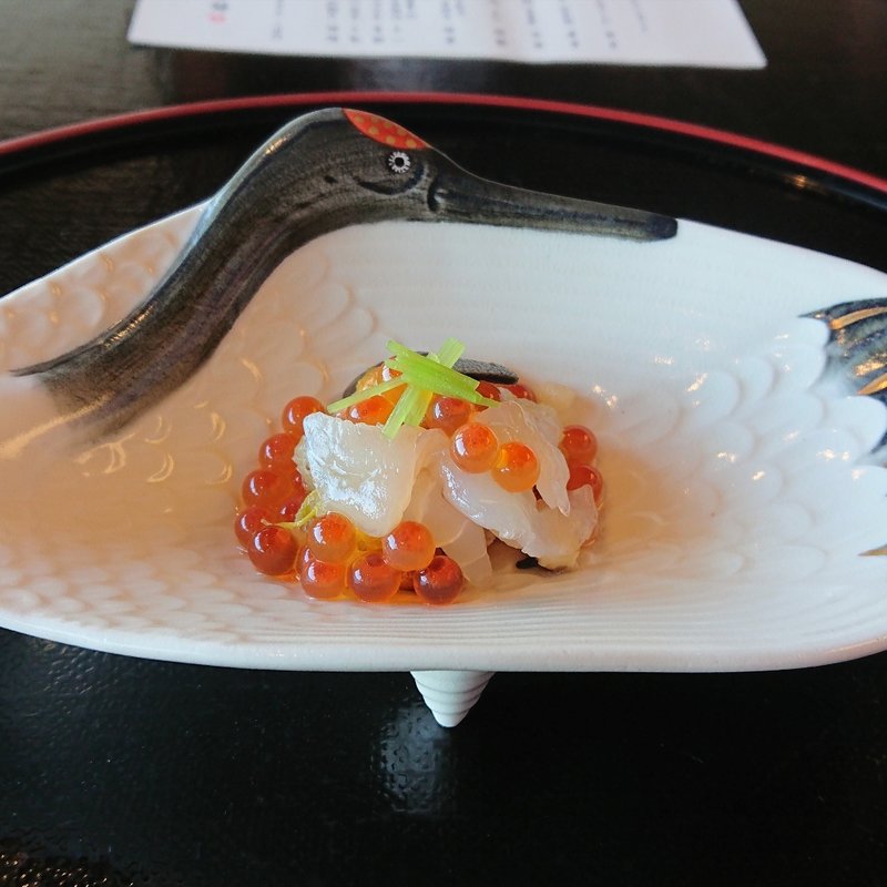 平目昆布〆のみぞれ和へ・菊花・足つきなめこ・平茸・イクラ (吉川 福寿家)