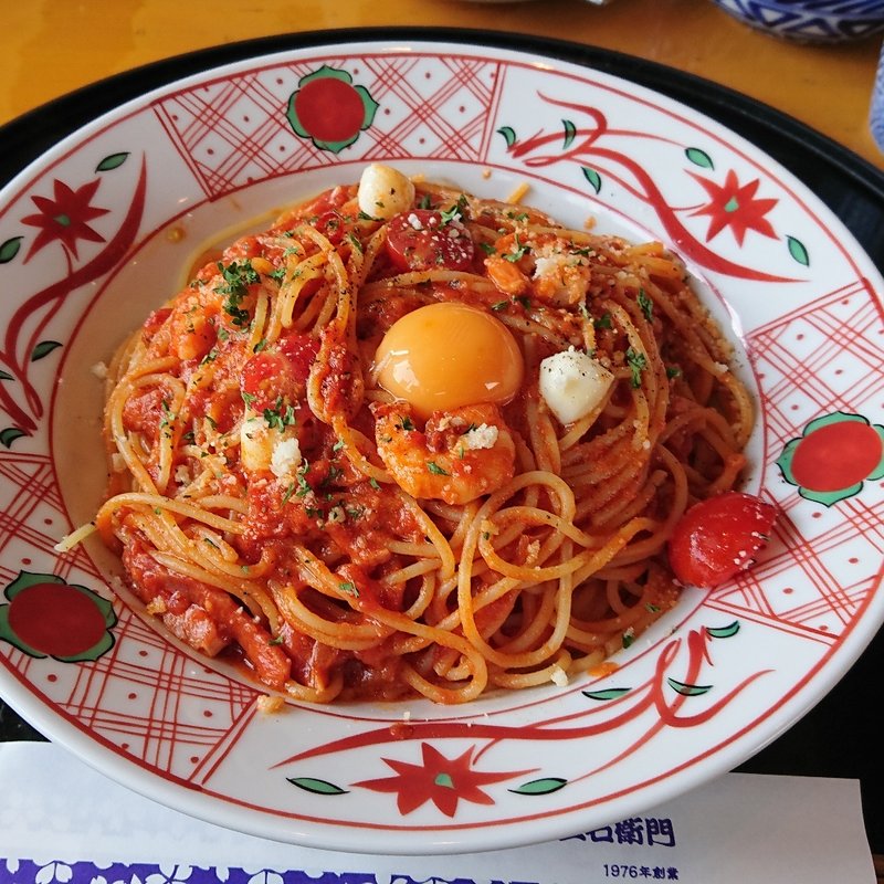 海老とモッツァレラチーズのカルボナーラチリトマトソース(洋麺屋五右衛門 港北店)