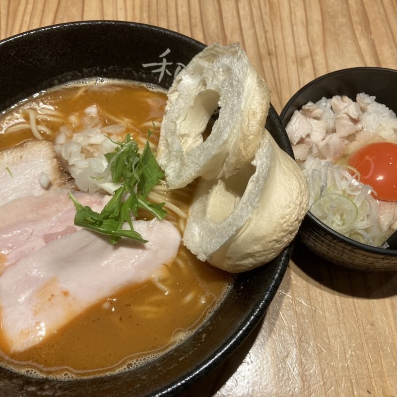 本日の限定　海老白湯らーめん+親卵かけご飯(和海 なんばラーメン一座店)