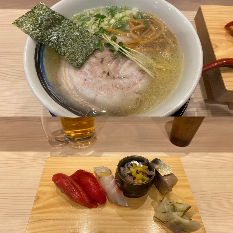 中華そば(並)赤酢握り5貫セット(鮨ららぁー麺釣りきん鶴屋町店)