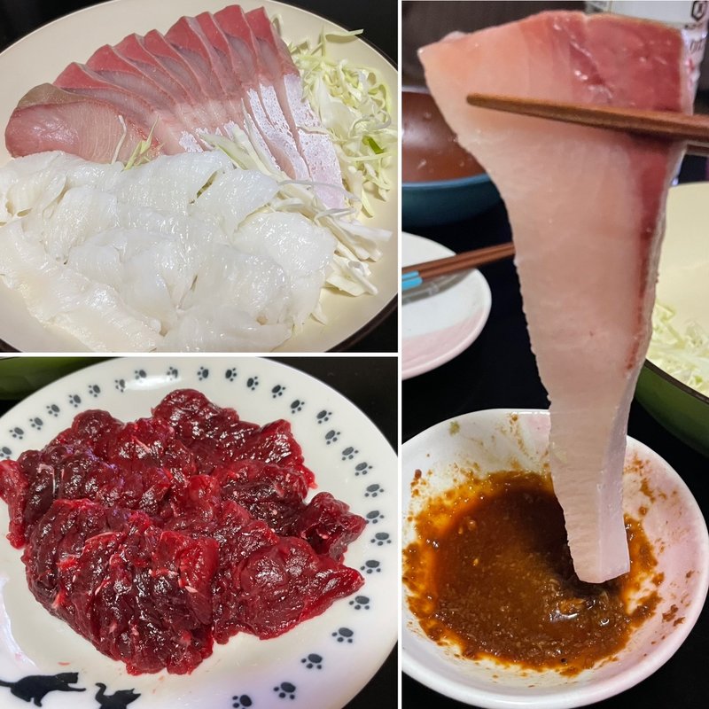 刺し盛り(ぶり,あぶらかれい､馬刺し)(自宅)