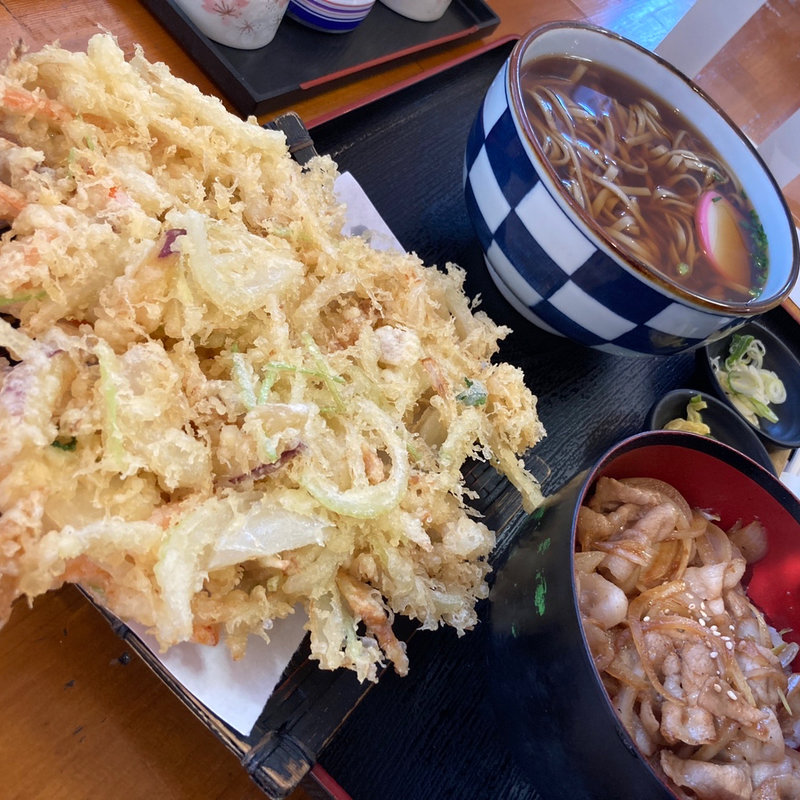 かき揚げ天そばと焼肉丼（小）(そば処 柿屋)