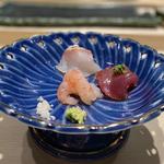 お造り(アラ、カツオ、甘海老の昆布締め)(鮨 権左衛門)