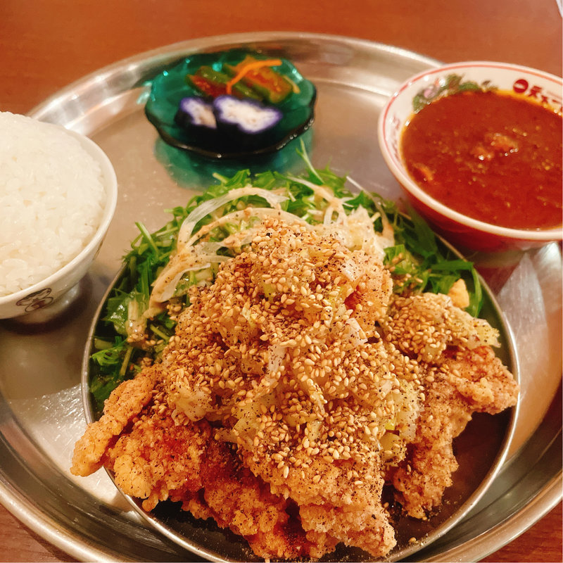 鶏のからあげネギ塩クミン定食(スパイスサロン バビルの塔)