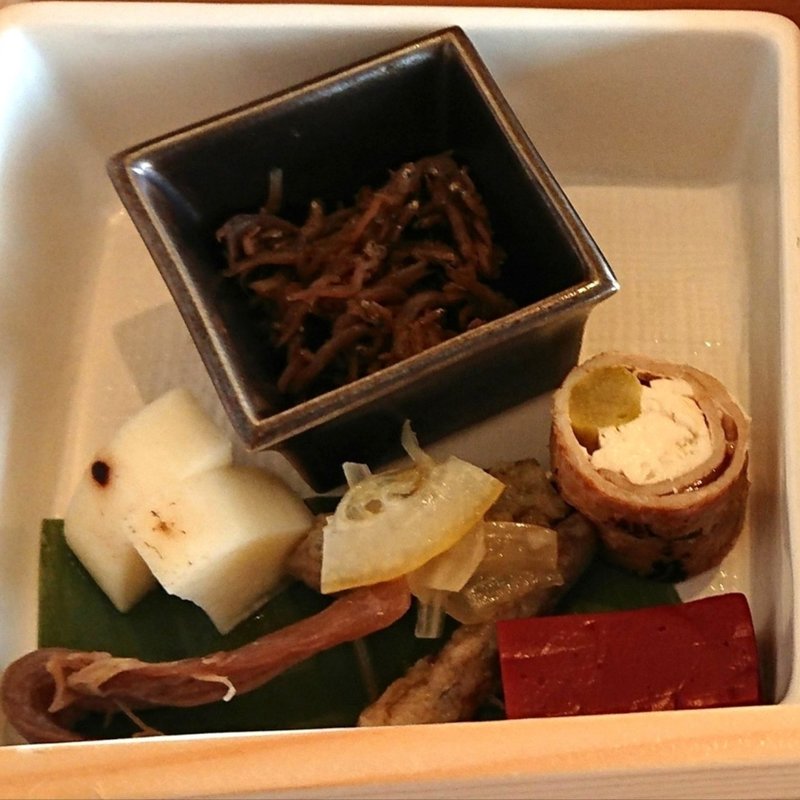 【朝食】長芋西京焼＋アスパラロース巻＋メヒカリ＋赤コンニャク煮＋ちりめんじゃこ(三輪 湯河原)