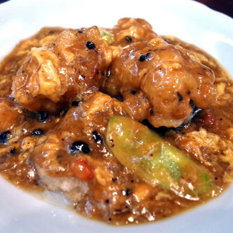 ホタテ貝と茄子のトーチ炒め（豆汁帯子）(四川料理 剣閣)